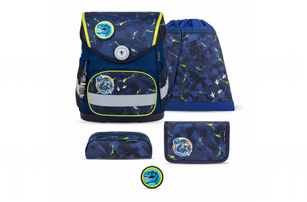 Belmil Compact Mit Patches Schulranzen-Set 5-teilig "T-rex" mit Brustgurt, Magnetverschluss, Patch 1 Stück T-rex
                                             