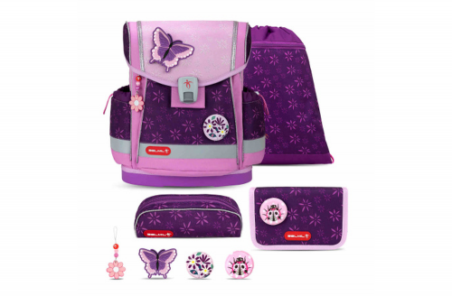 Belmil Classy Plus Schulranzen-Set 5-teilig "Purple Spring" mit Brustgurt, Magnetverschluss, Patch Set 3 Stück Purple Spring 